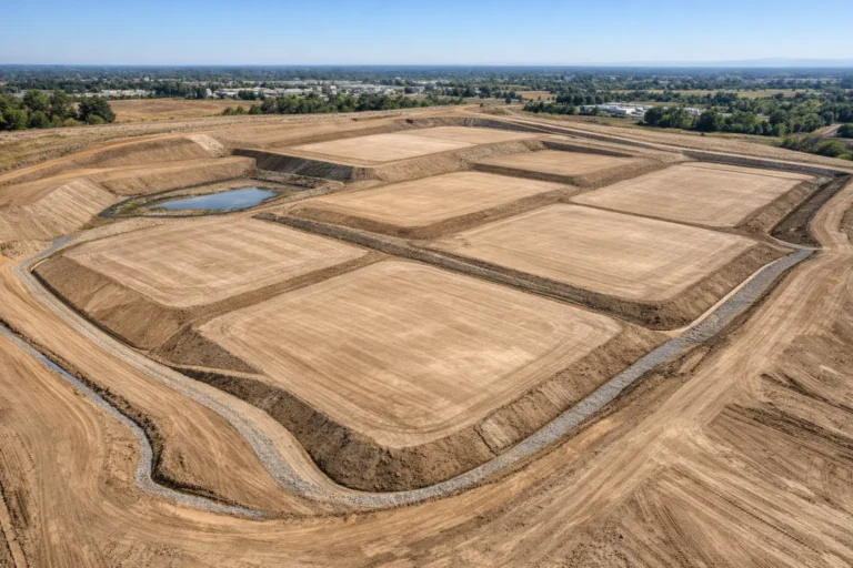 Aerial view of construction site prepared through professional earthwork