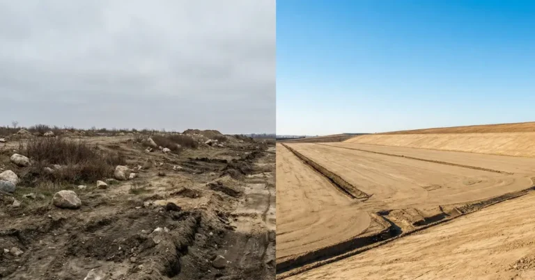 Earthworks land improvement showing before and after transformation of raw land into a build-ready site