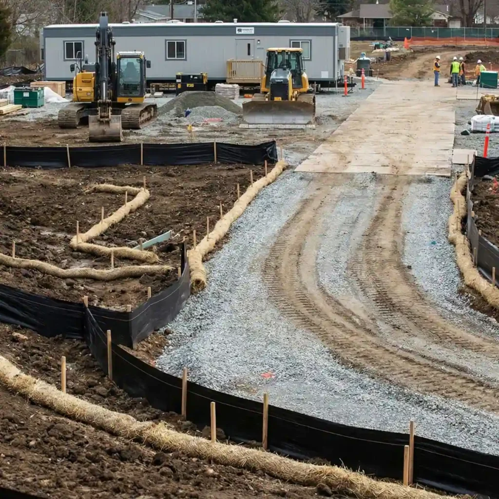 Temporary erosion control solutions protecting exposed soil on an active Texas construction site.