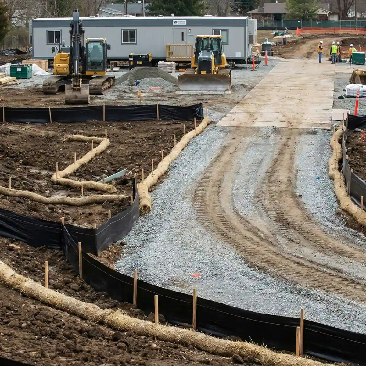Soluciones temporales de control de erosión que protegen el suelo expuesto en una obra activa en Texas.