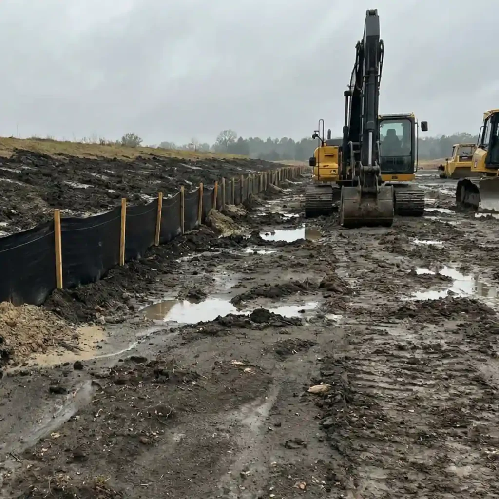 Silt fencing installed for erosion control on a Texas construction site to prevent soil loss and sediment runoff.