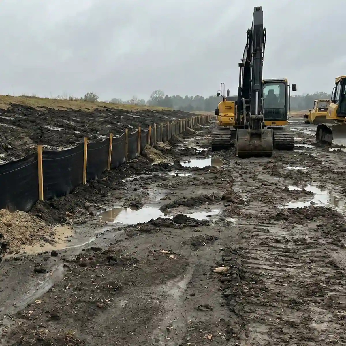 Cerca de sedimentos instalada para el control de erosión en una obra en Texas, para evitar la pérdida de suelo y el arrastre de sedimentos.