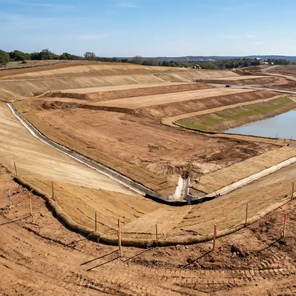 Mass grading with proper drainage design on a Texas construction site to control water runoff.