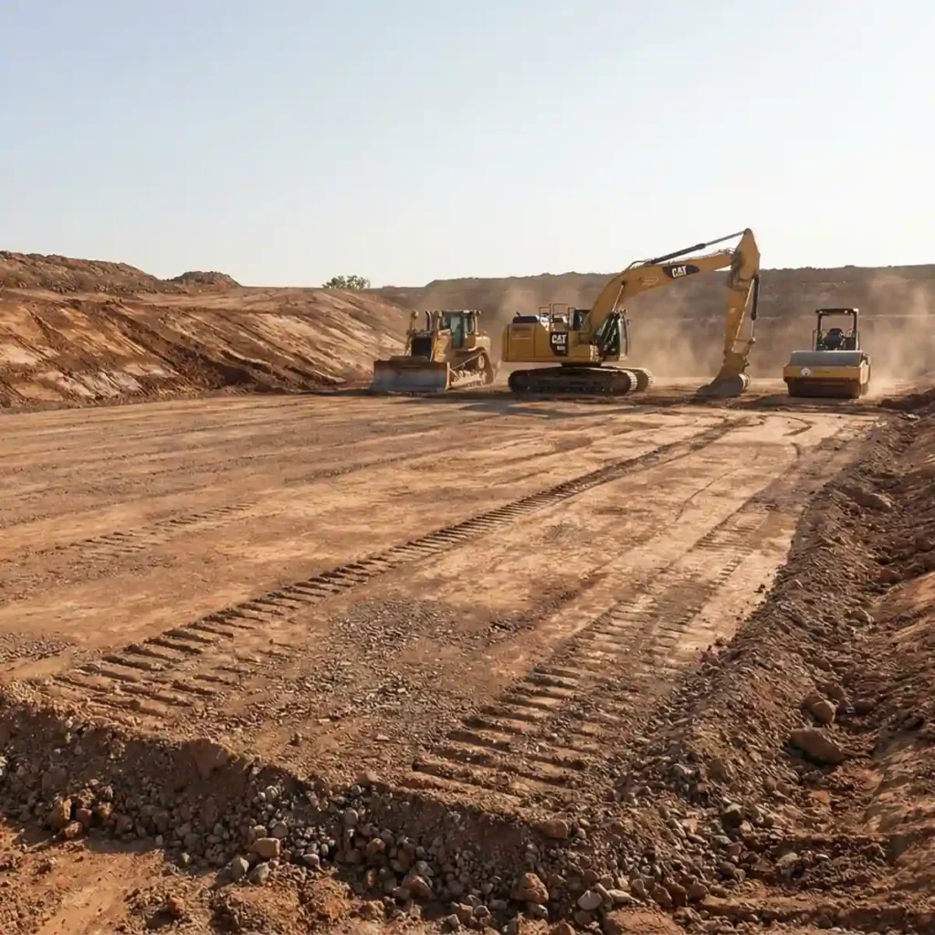 Rough mass grading of building pads on a Texas site preparing for foundation construction.