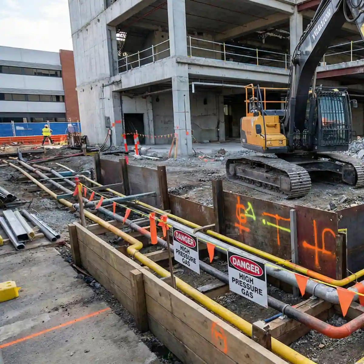 Utility-aware selective demolition protecting existing infrastructure on a Texas construction project.