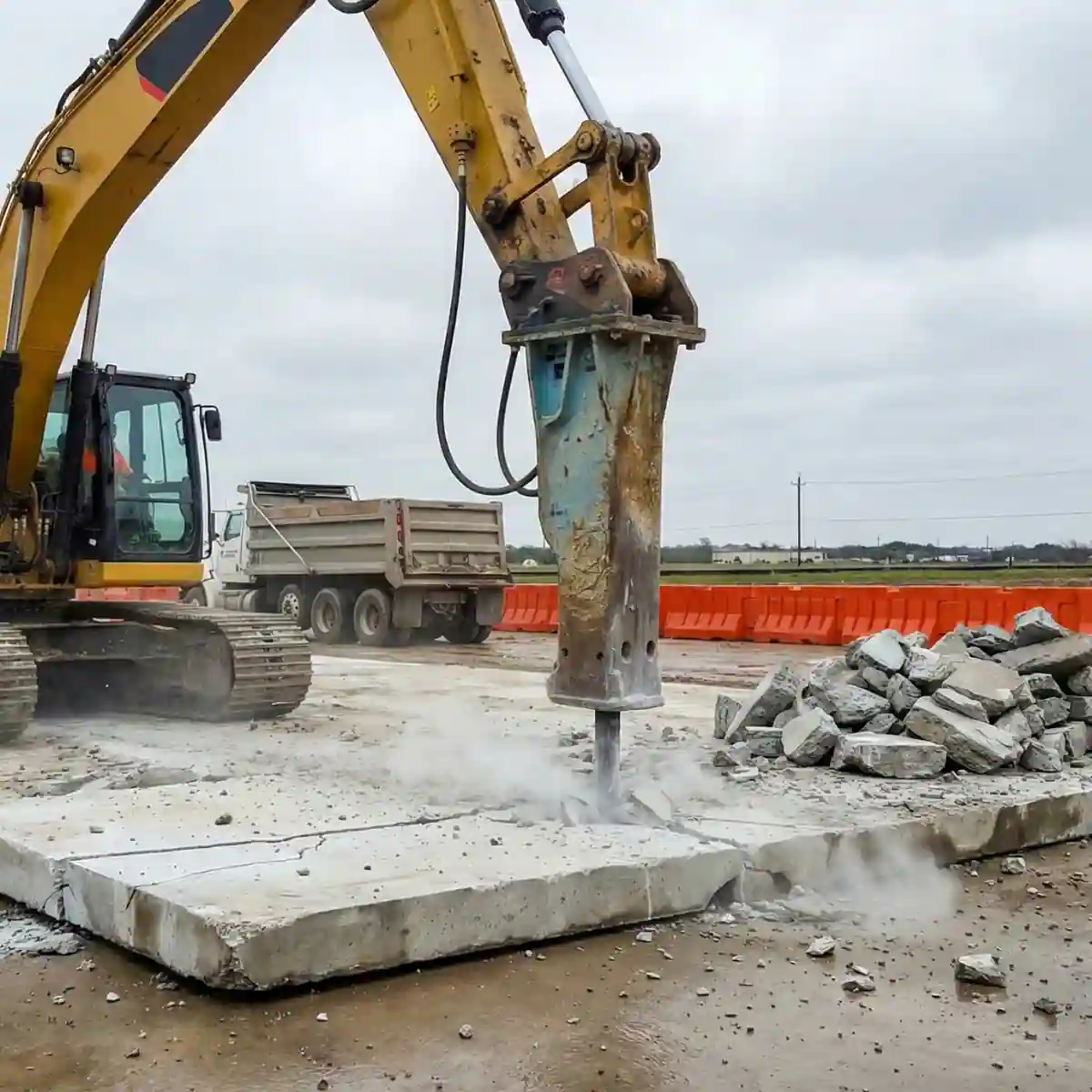 A large excavator equipped with a hydraulic hammer attachment, precisely breaking a thick concrete slab.