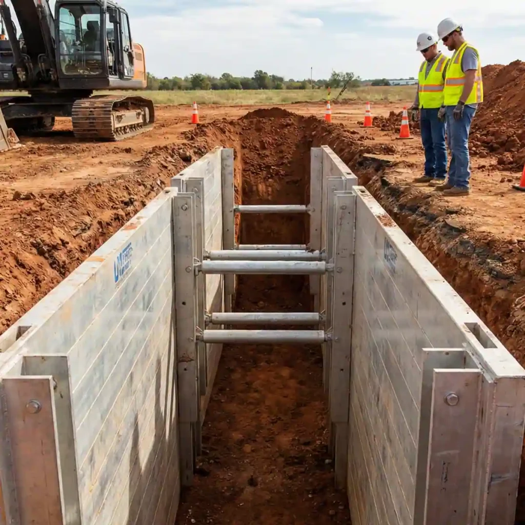 Trench shoring installed on a Texas construction site to protect workers during utility excavation.
