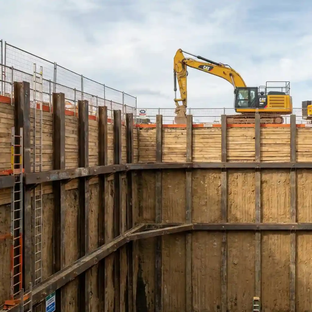 Deep excavation shoring supporting a 15–20 foot excavation on a Texas construction project.