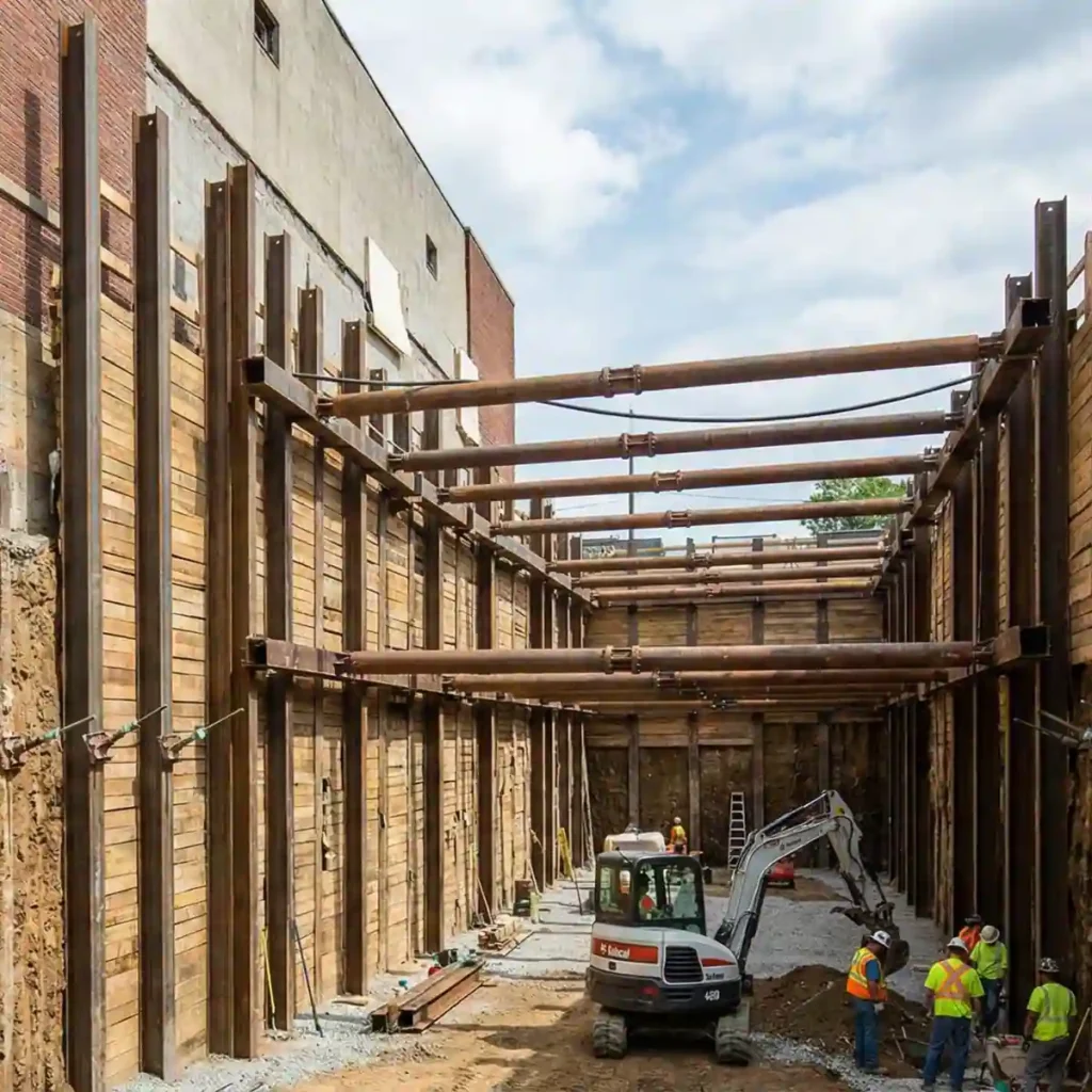 Shoring installed near an existing foundation to support excavation and protect nearby structures in Texas.